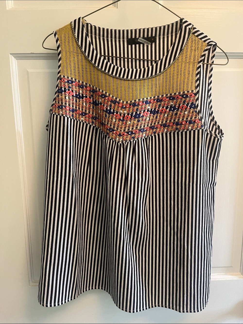 Striped Sleeveless Mixed-Print Top with Yellow Yoke